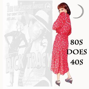 40s Style Red Dress, Sailor Collar Floral Frock with Pockets VFG 80s Vintage